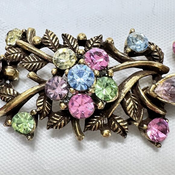 Vintage Set Signed CORO Bracelet 7" & Earrings Antique Gold Tone Rhinestones - Picture 9 of 16